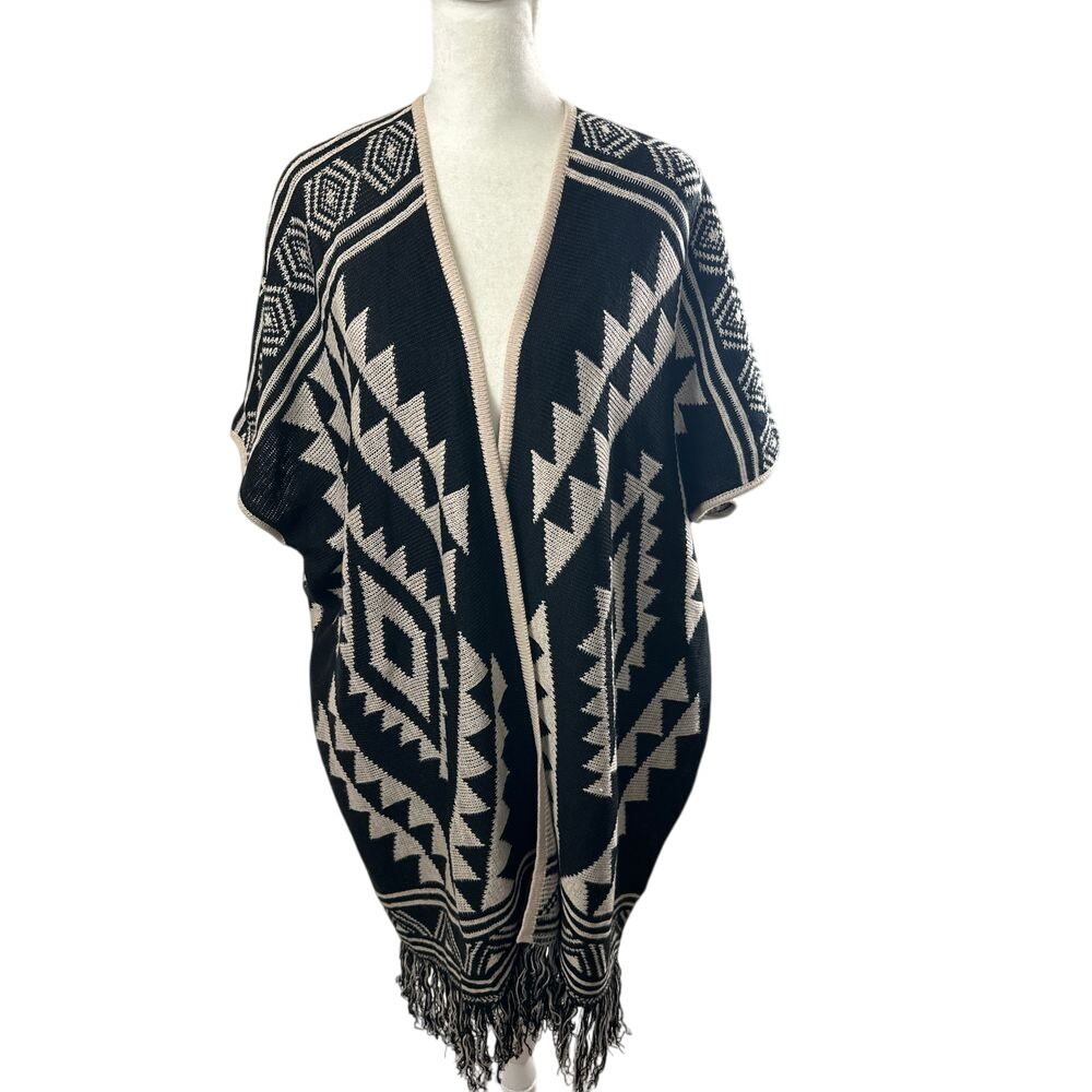 Poof! Sweater Women's‎ Medium Aztec Fringe Cardigan Open Front Poncho Bohemian